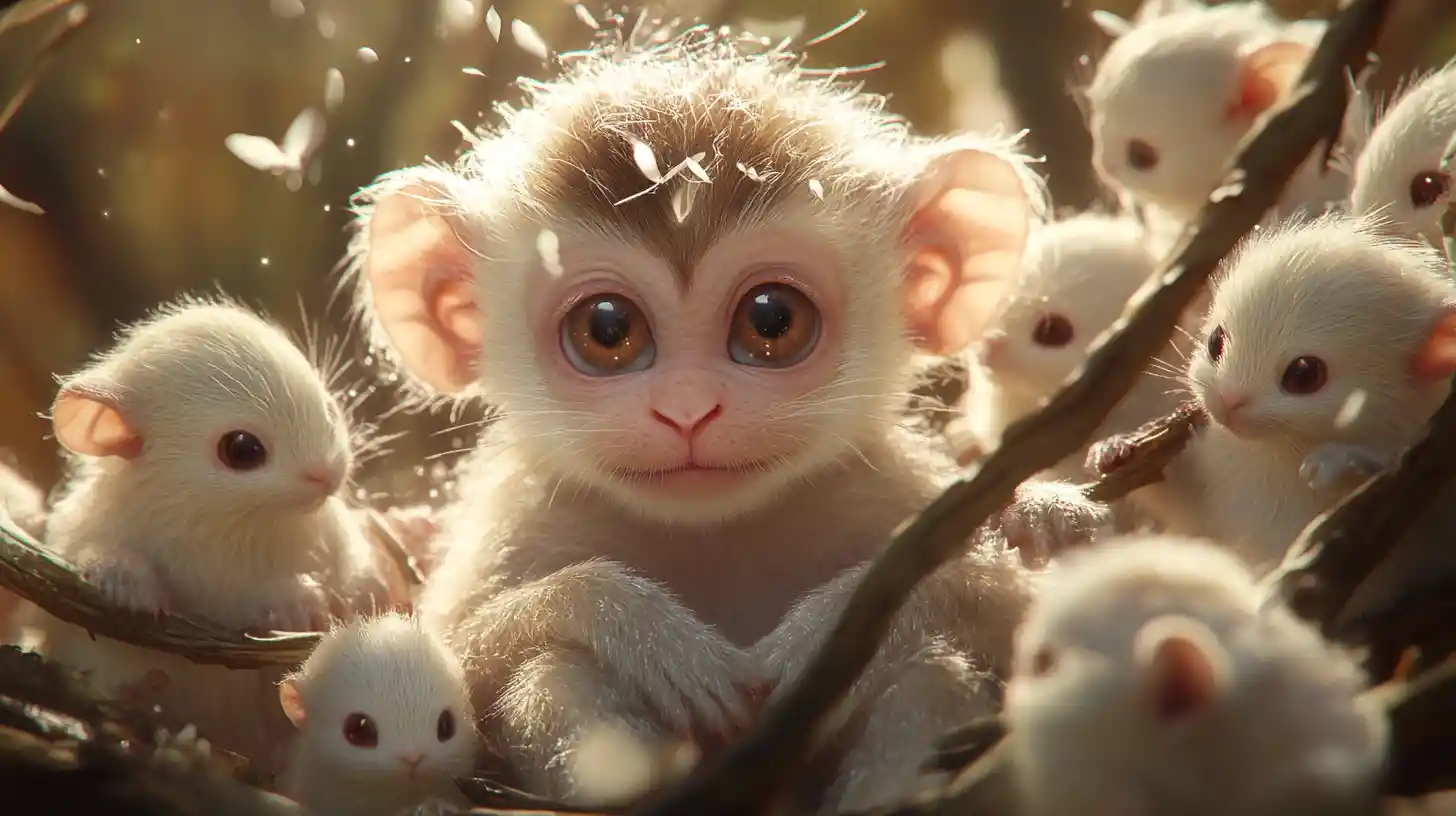 Whimsical fantasy creature surrounded by tiny cuddly friends