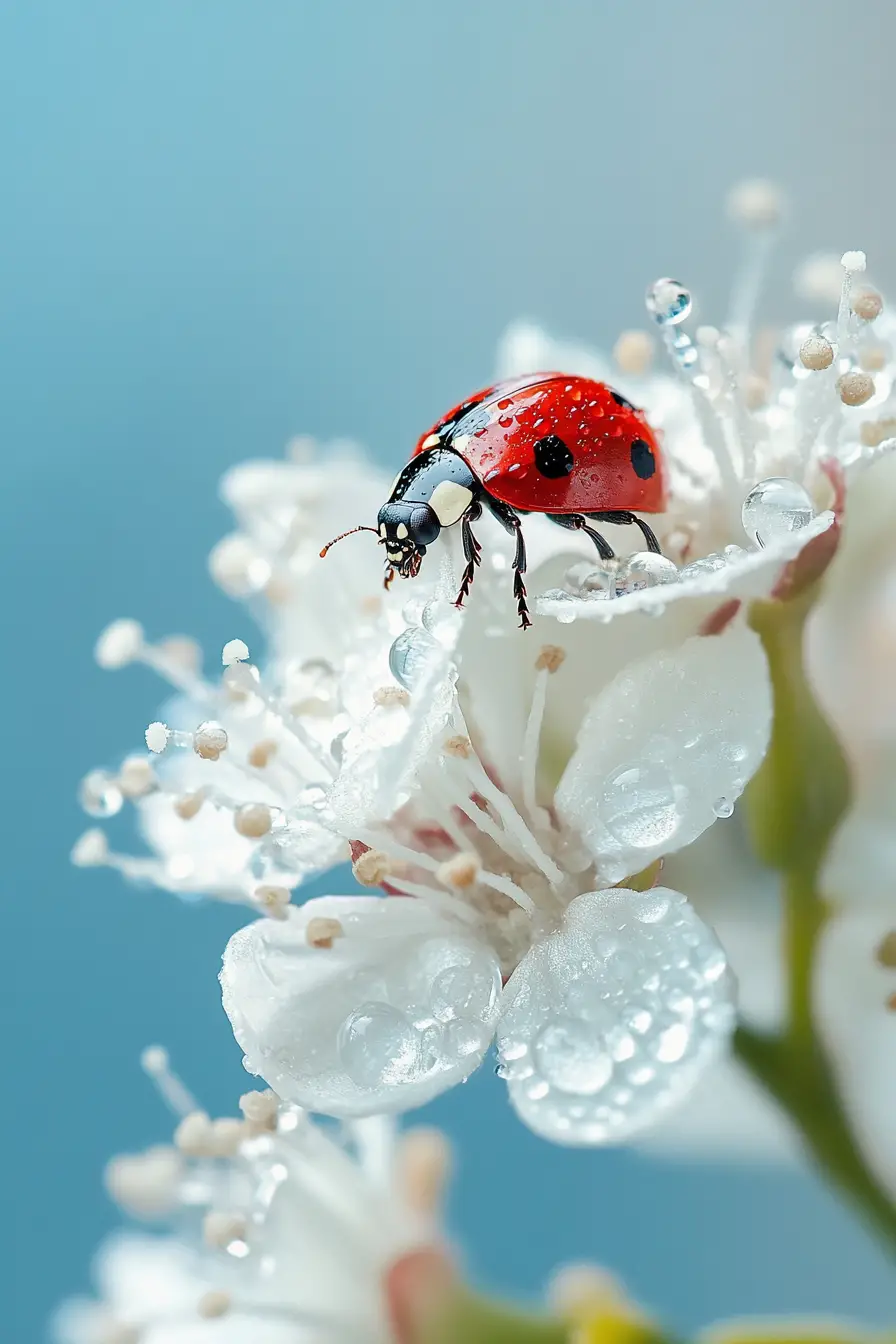 Red ladybug on white flower in macro close up