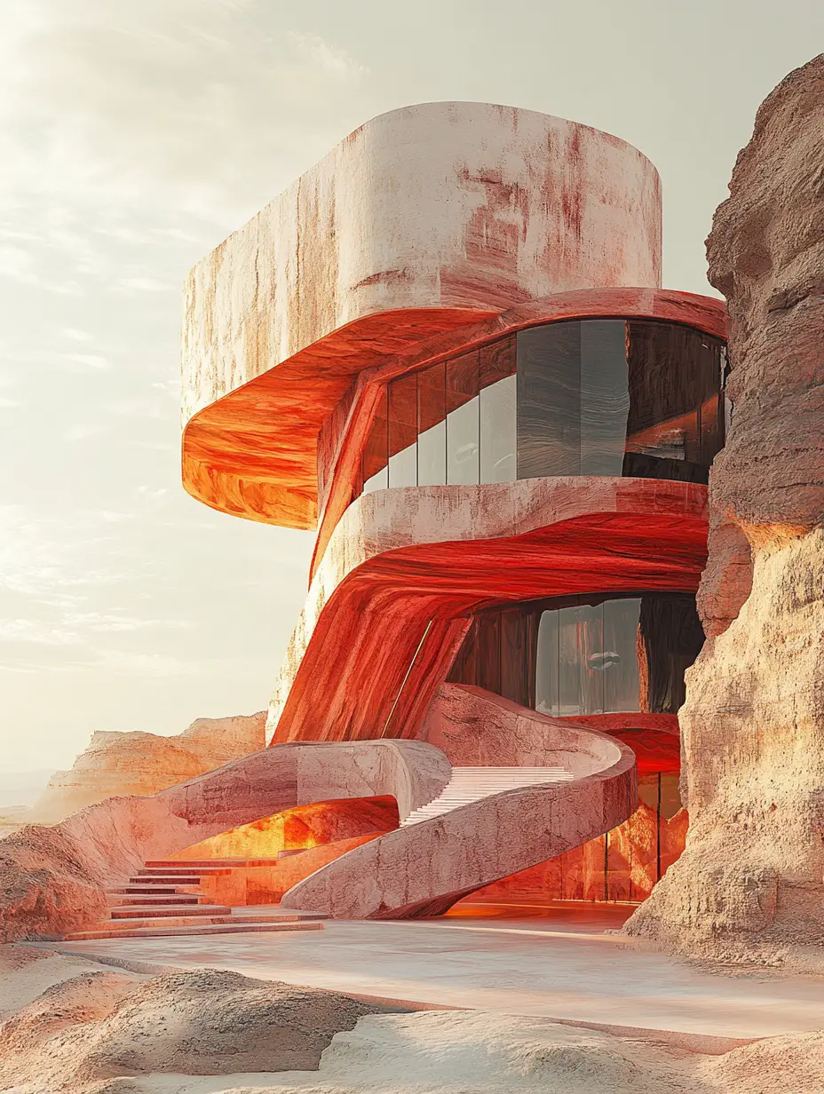 Futuristic sandstone tower concept store in vast desert
