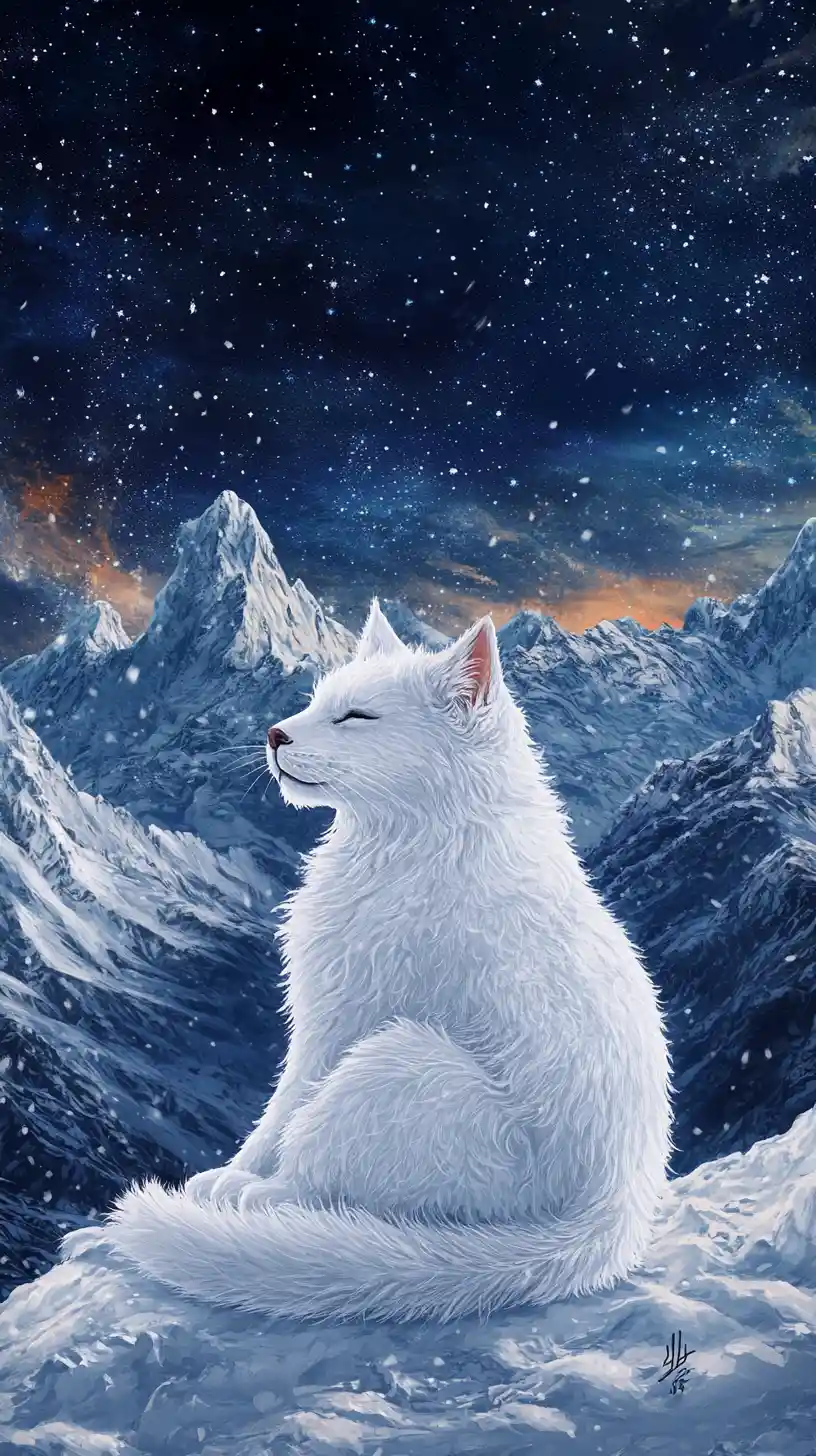 Fantasy snow cat beneath snowy mountains at night