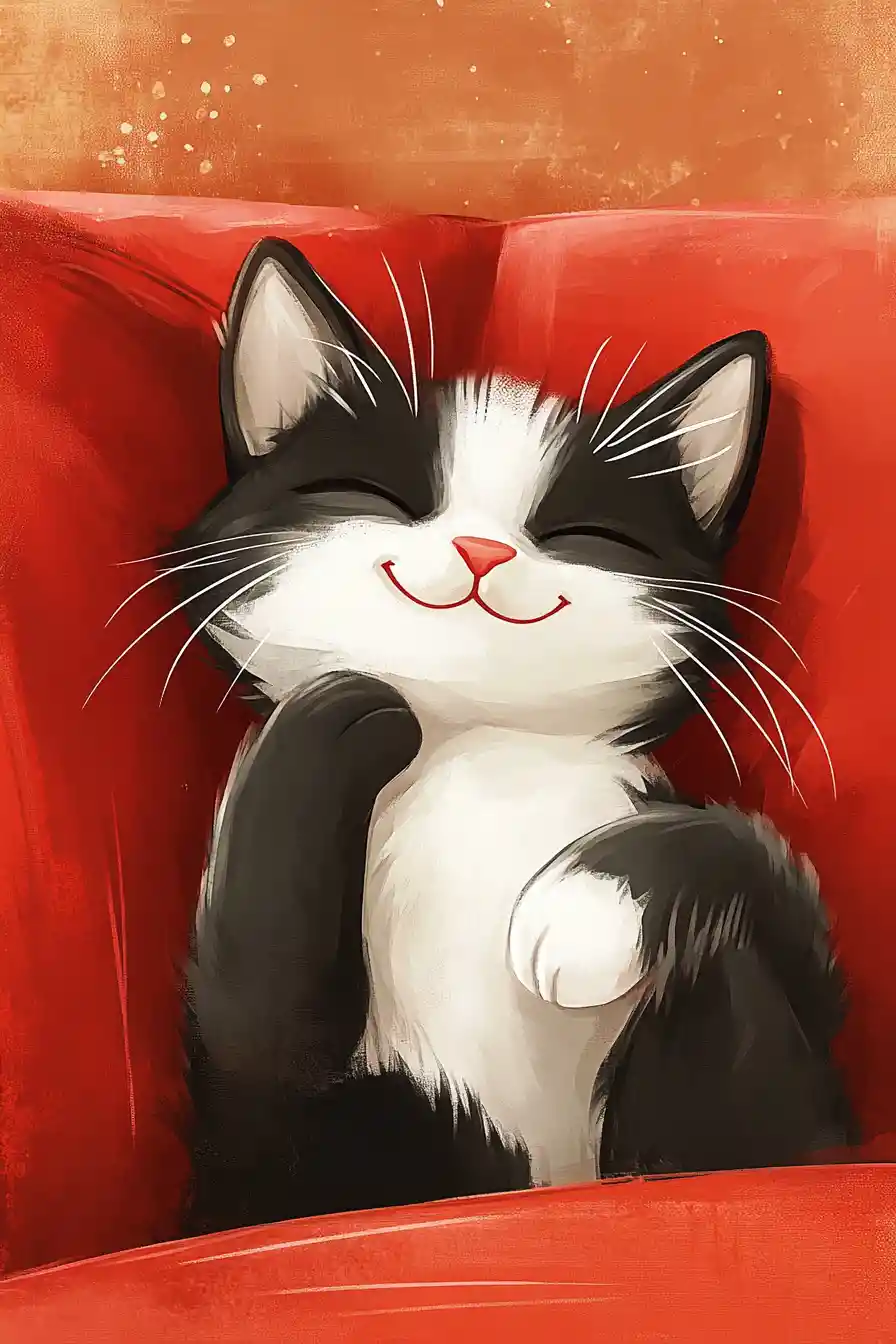 Happy cartoon cat resting on a red living room sofa
