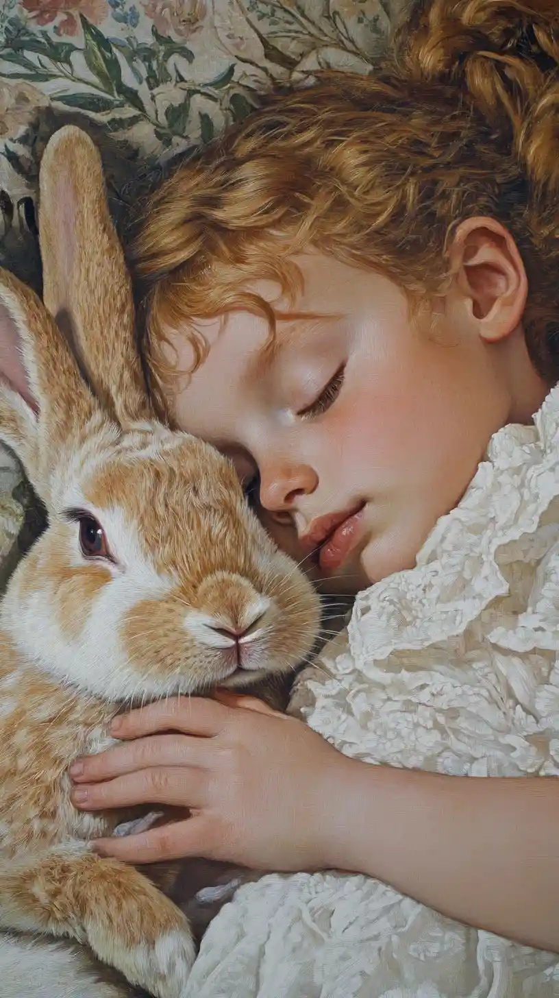 Child resting on a rabbit in a peaceful bedtime portrait