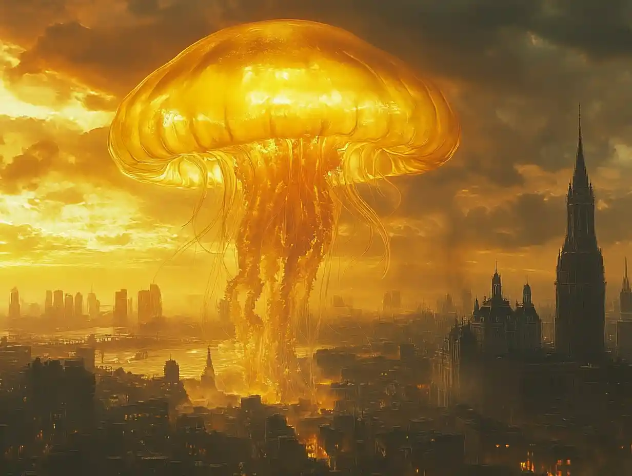 Gigantische goldene Qualle ragt über einer modernen Stadt empor