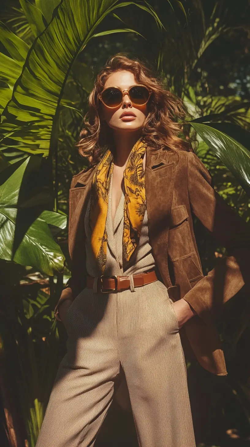French model in 1970s safari jacket in tropical setting