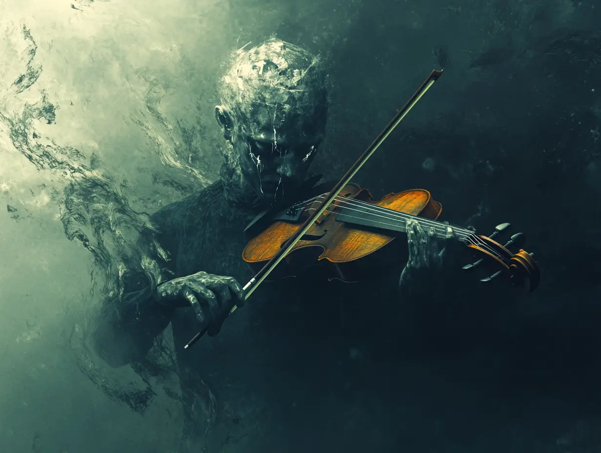 Humanoid violin weeping on a lonely ethereal stage