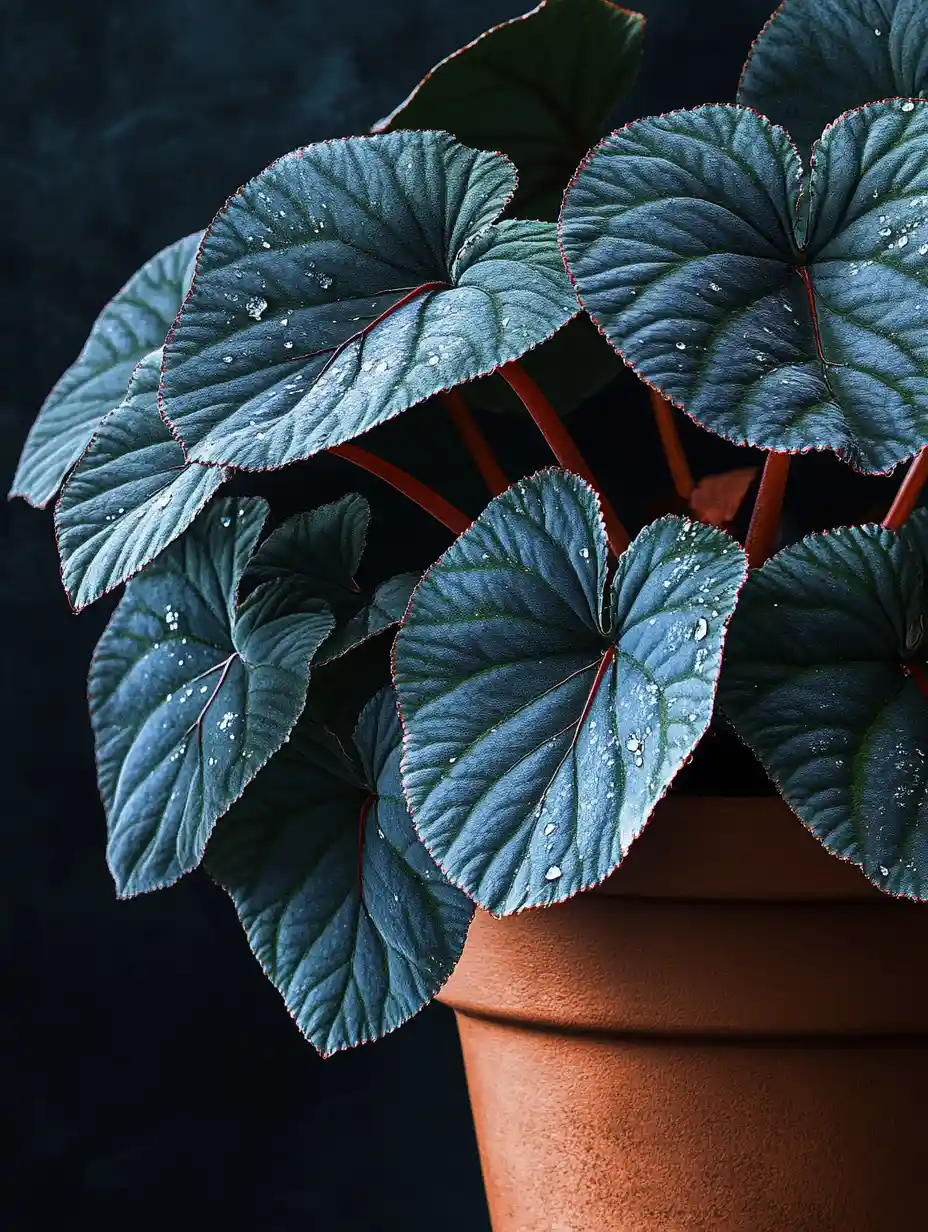 Begonia plant with iridescent blue leaves in moody light