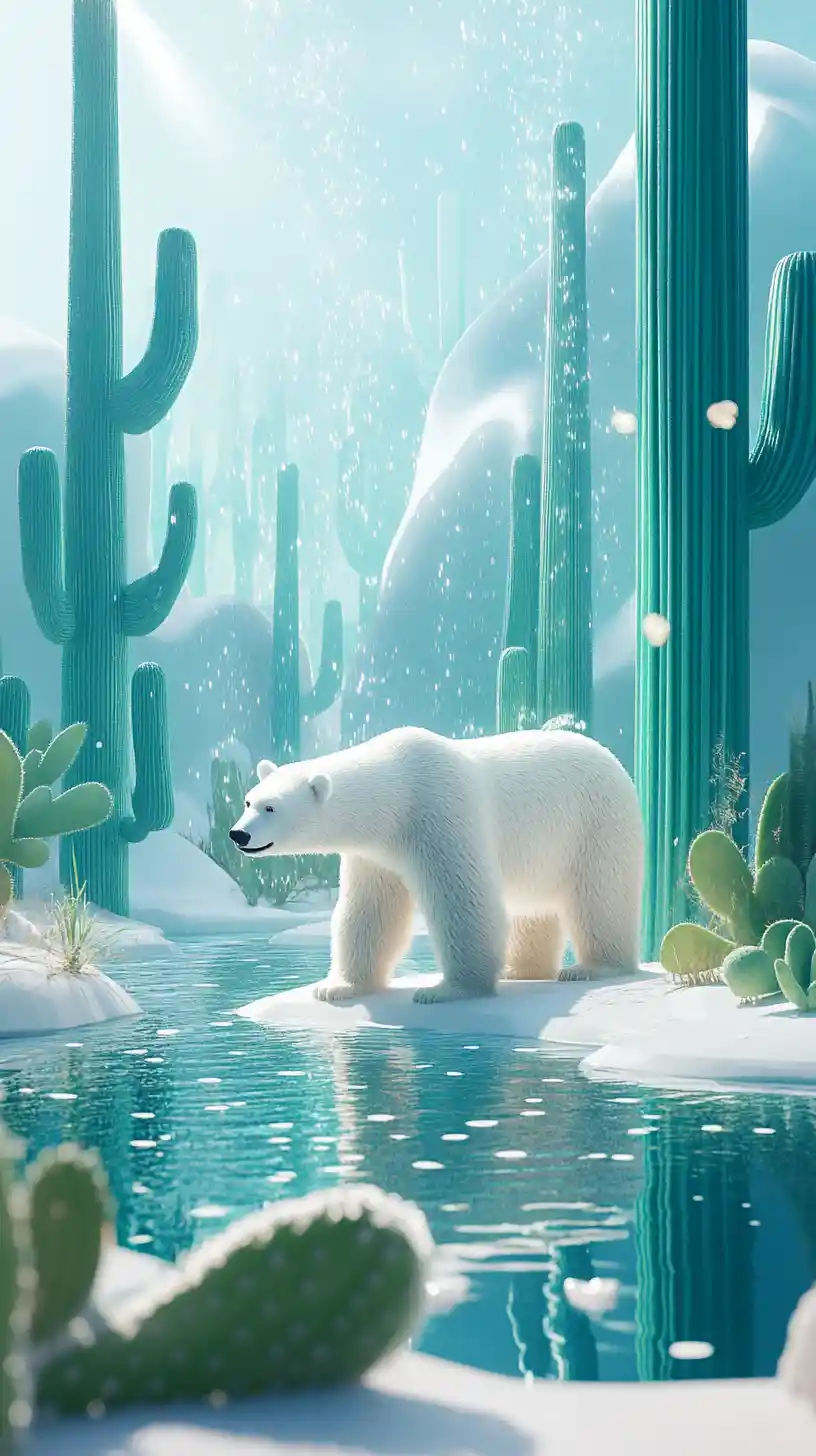Polar bear showering in a sunny cactus desert scene