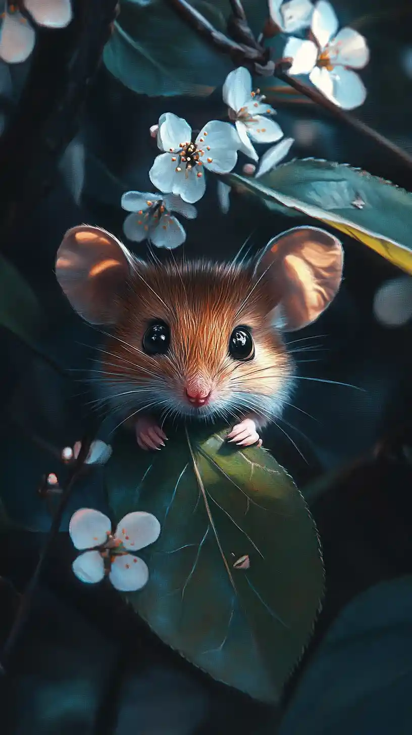 Ratón tierno bajo una flor sobre una hoja del bosque
