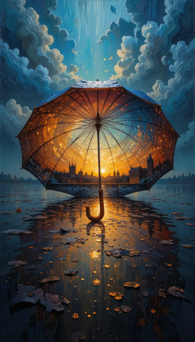 Upside down umbrella reflecting a city skyline rainbow