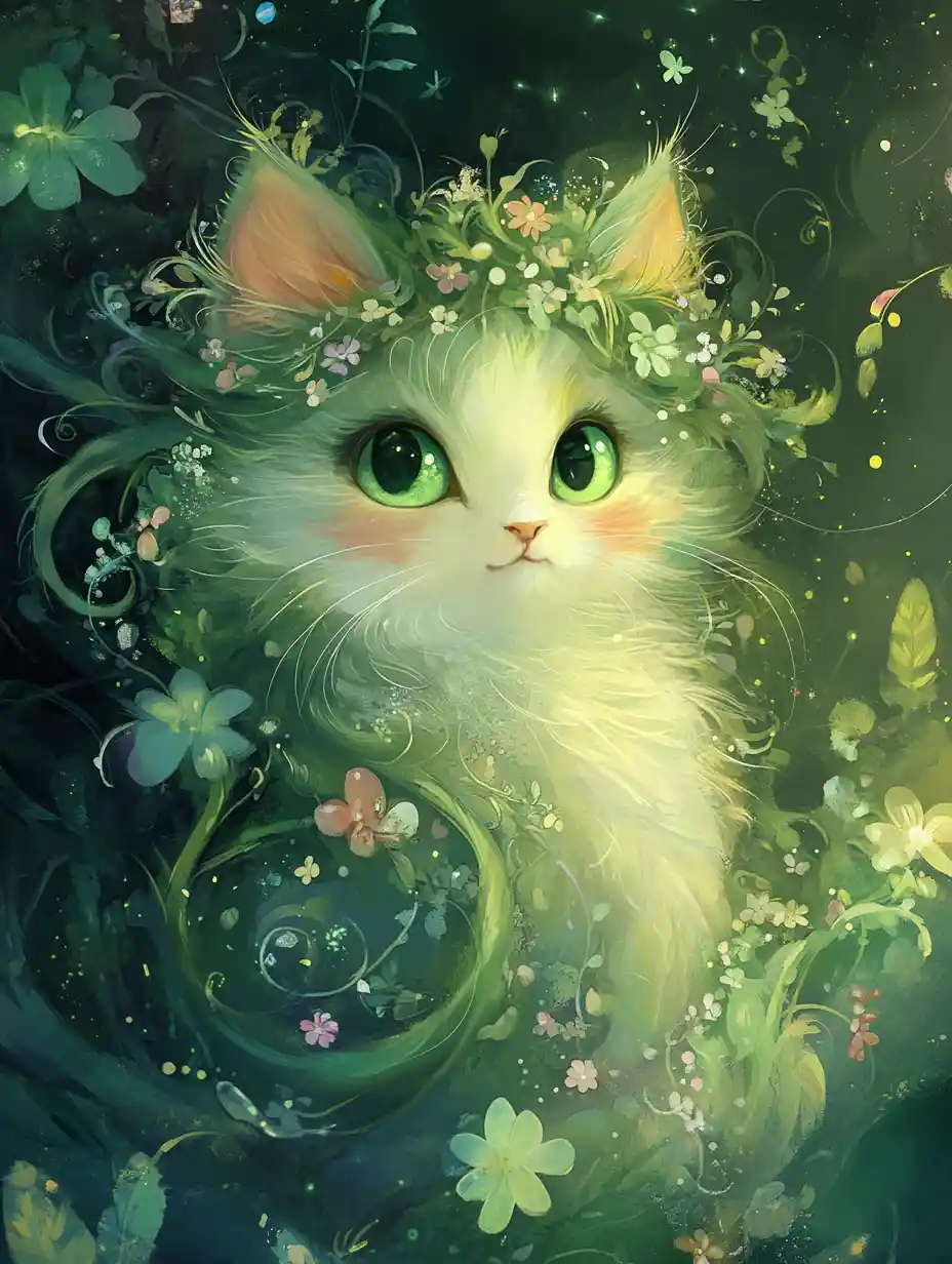 Whimsical green forest cat with floral mane illustration