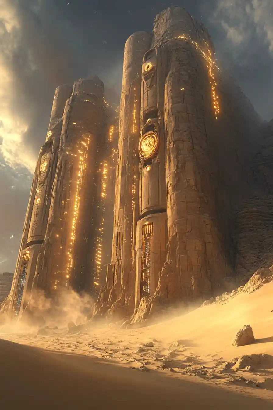 Sci fi sandstone temple rising from glowing desert dunes