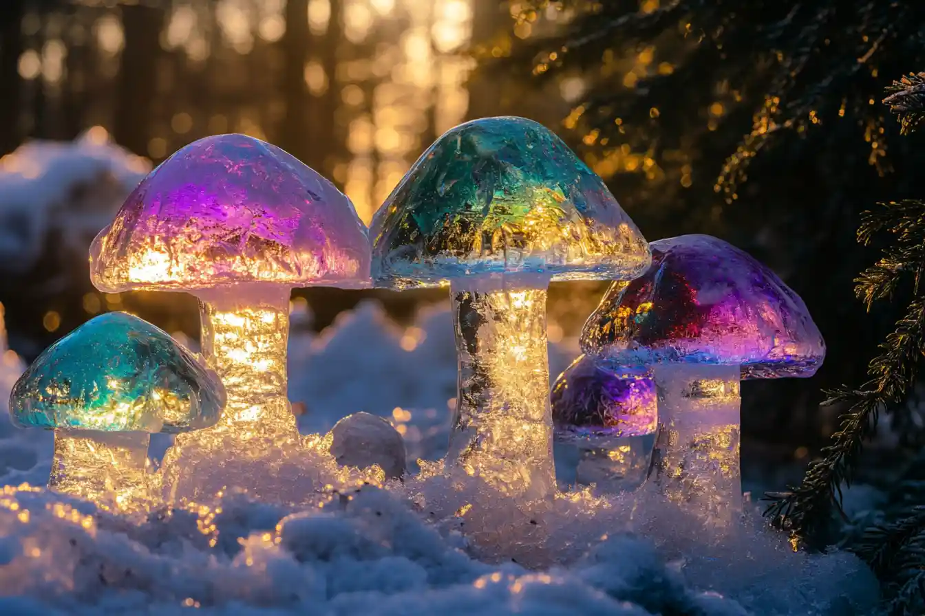 Giant Ice Mushroom Sculptures In A Sunlit Forest