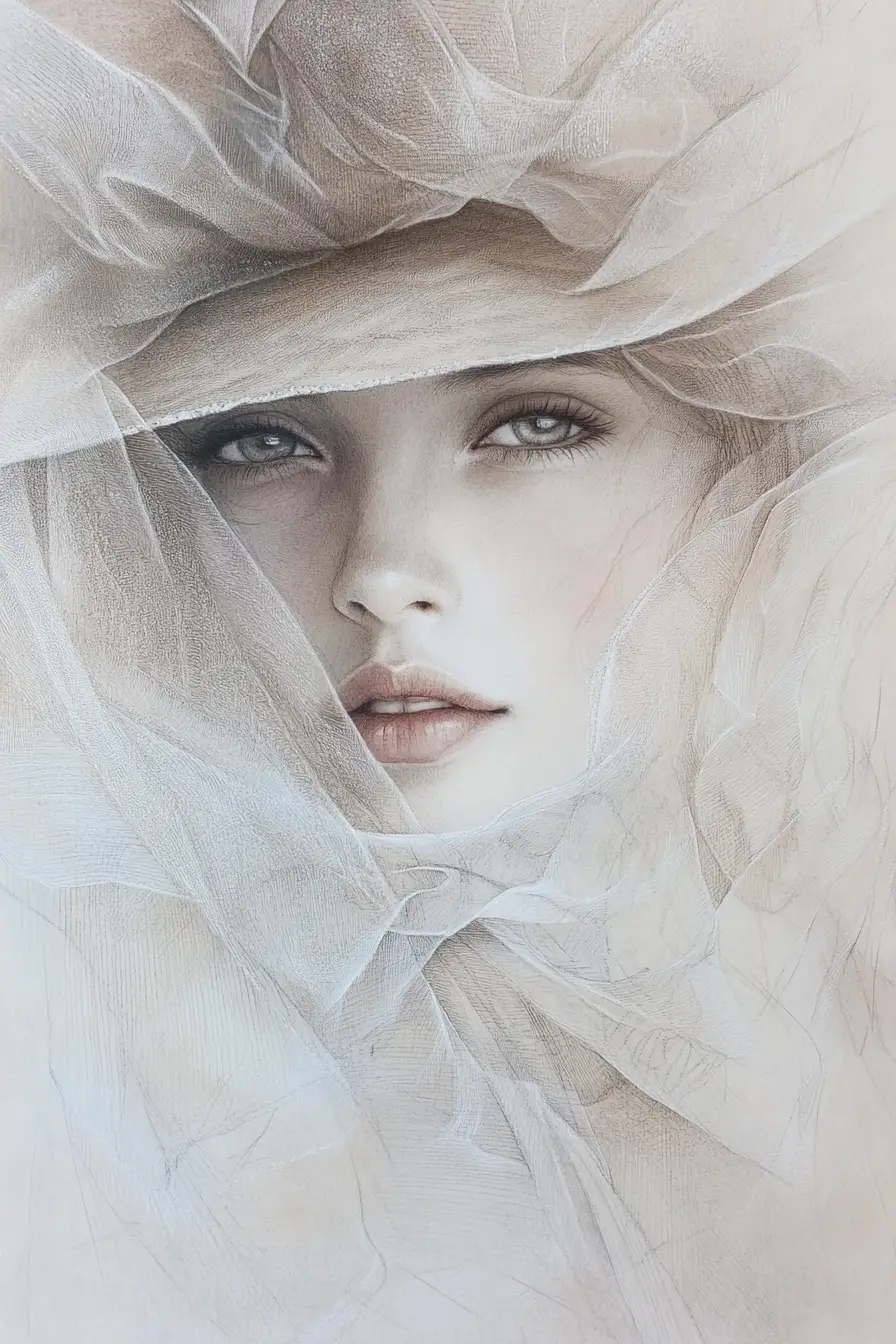 Elegant girl portrait in hat with airy chiffon veil