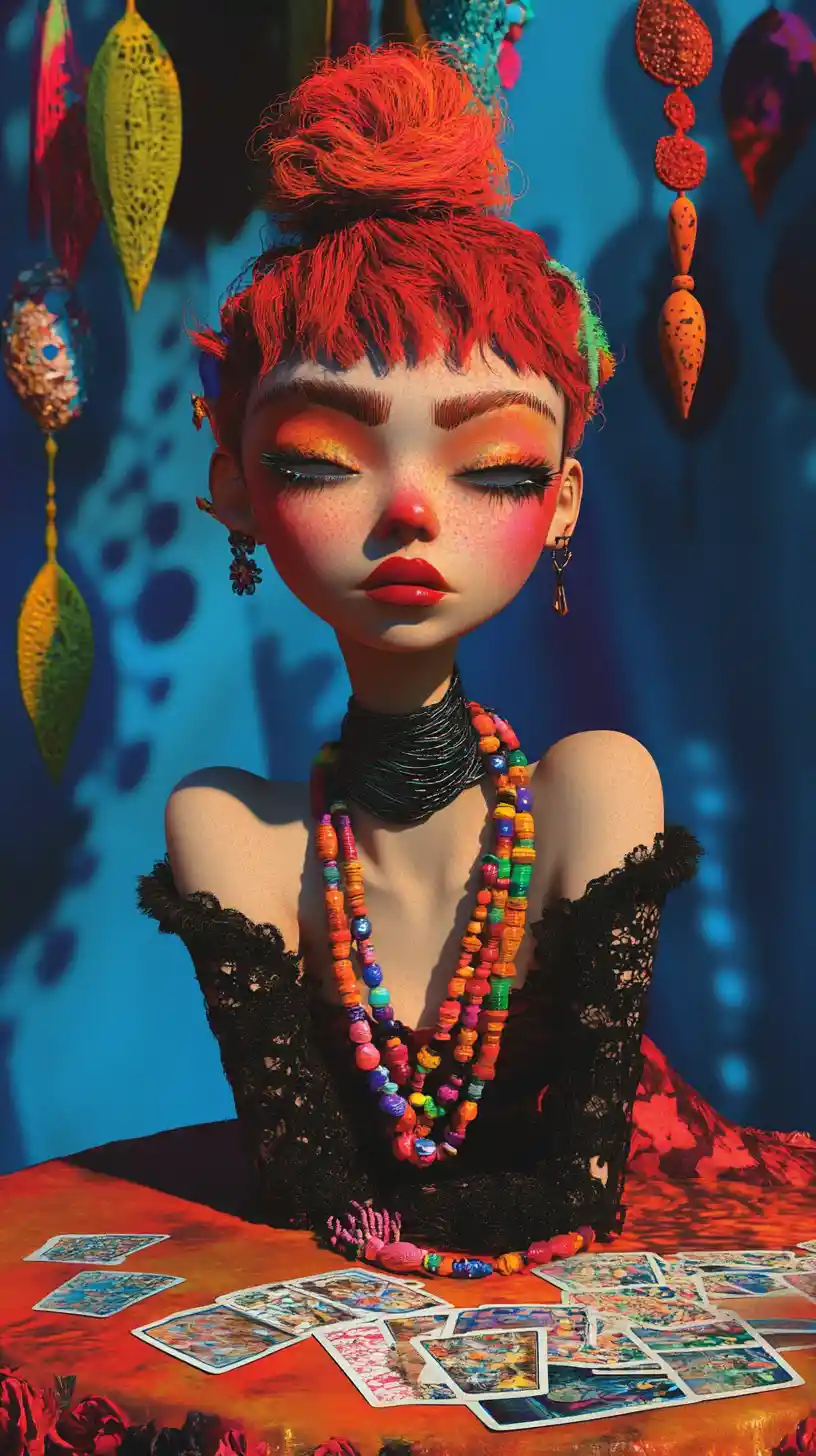 Joyful girl with beads at a colorful card table