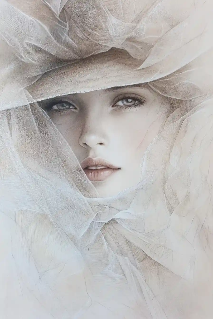 Elegant girl portrait in hat with airy chiffon veil