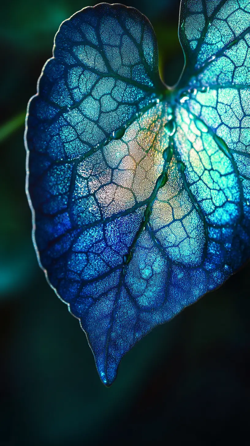 Macro view of iridescent begonia leaf with water droplets