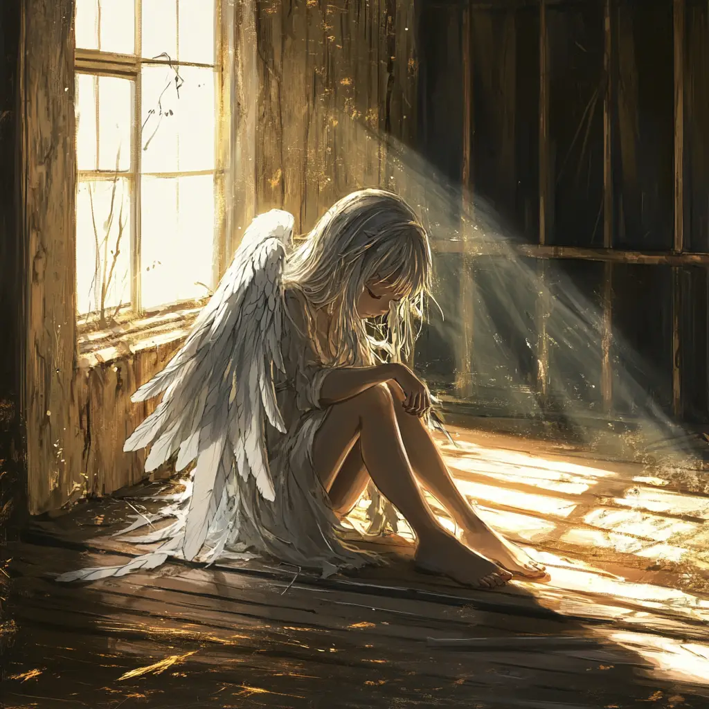 Lonely angel girl in abandoned sunlit wooden room