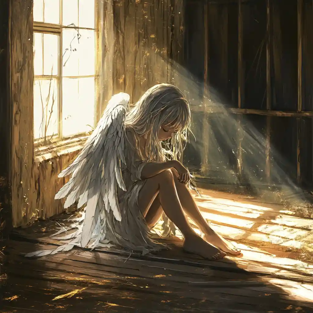 Lonely angel girl in abandoned sunlit wooden room