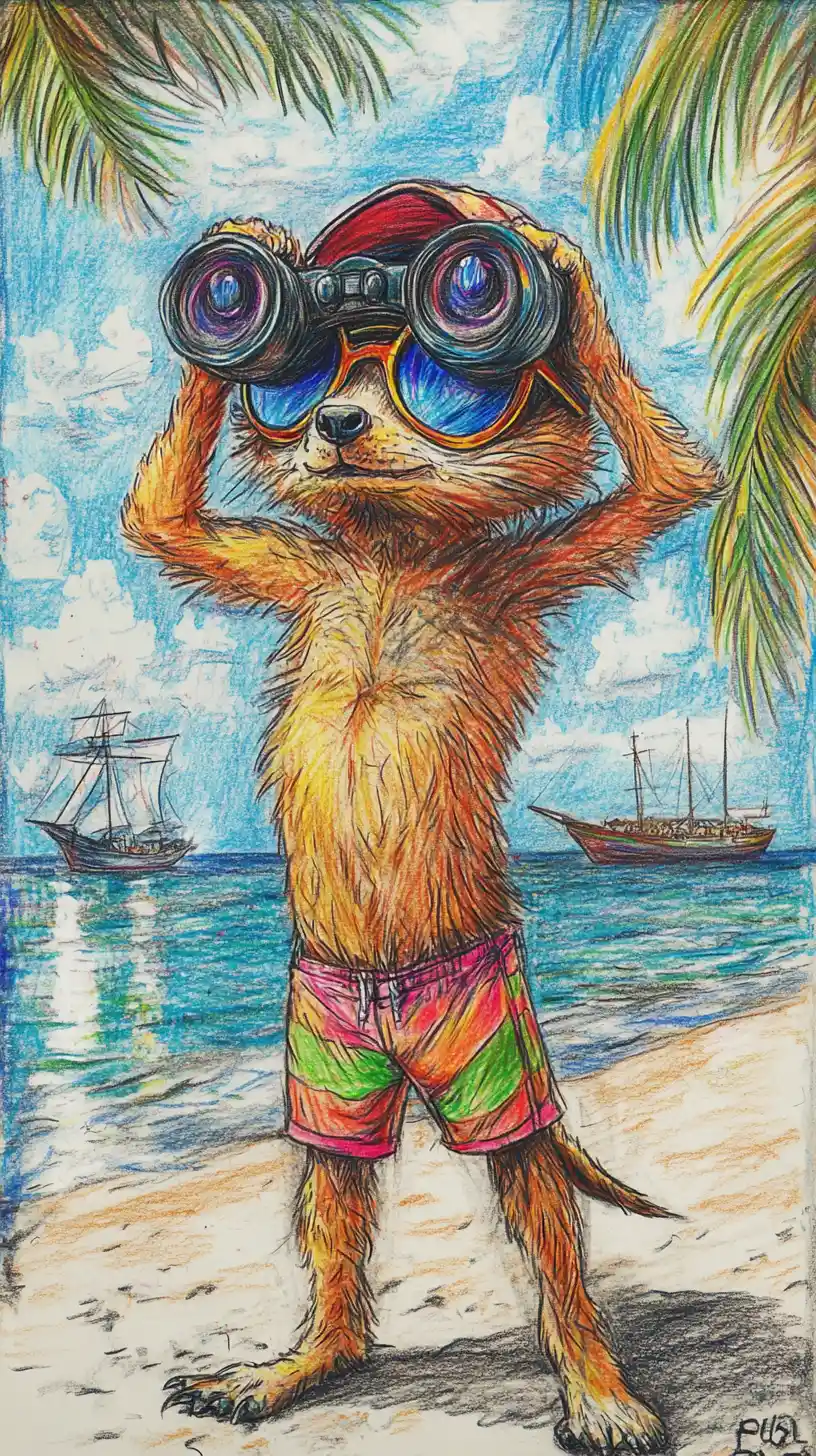 Adorable suricate cartoon avec des jumelles sur une plage ensoleillée