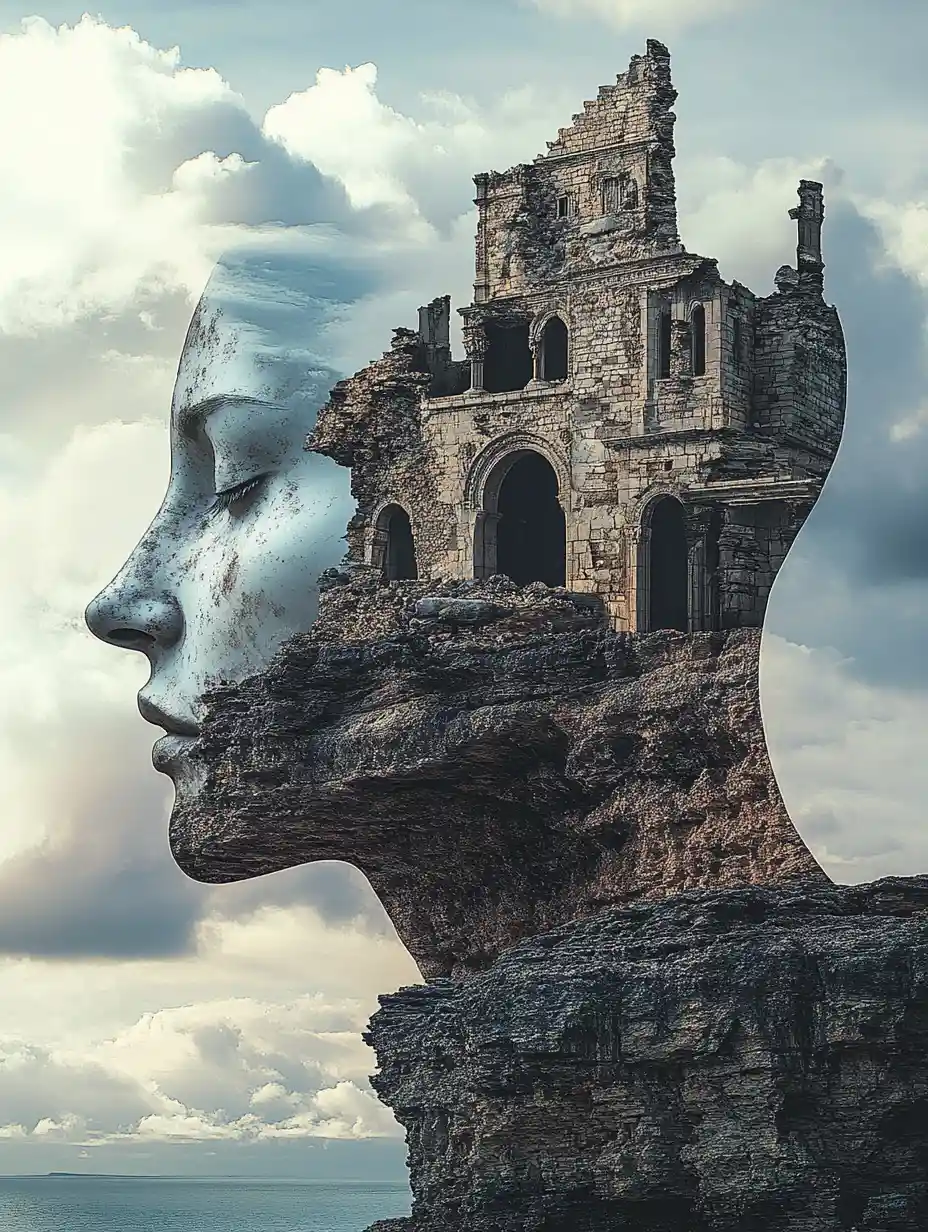 Surreal cityscape merging human head and towering architecture