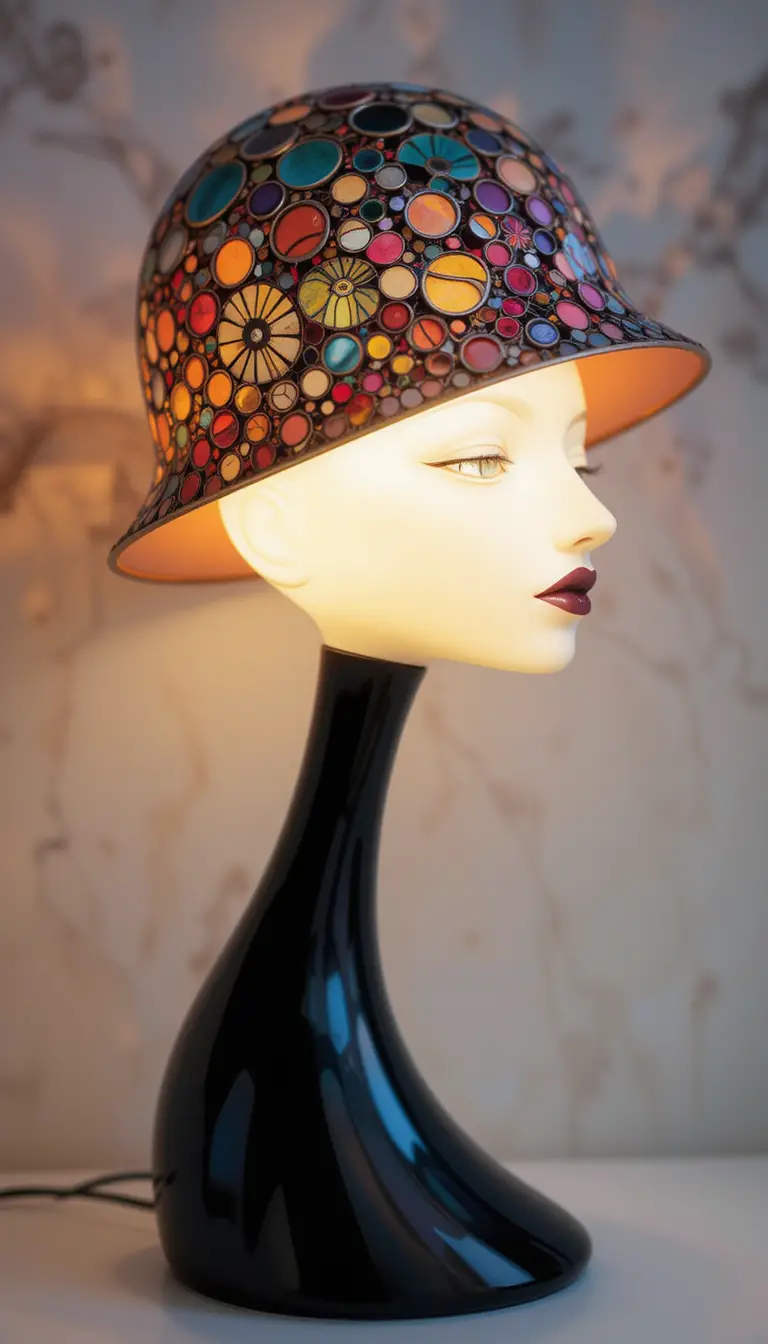 Stylish woman profile lamp with glowing patterned hat