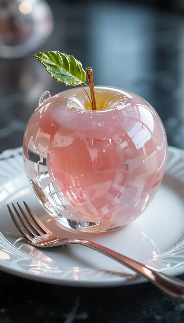 Elegant glass like apple dessert on white plate