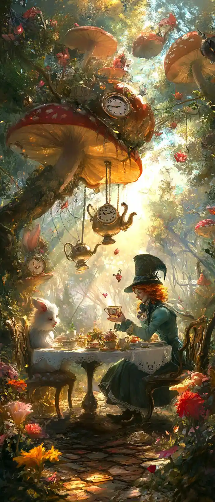 Tea-party féerique sous d’énormes champignons et fleurs