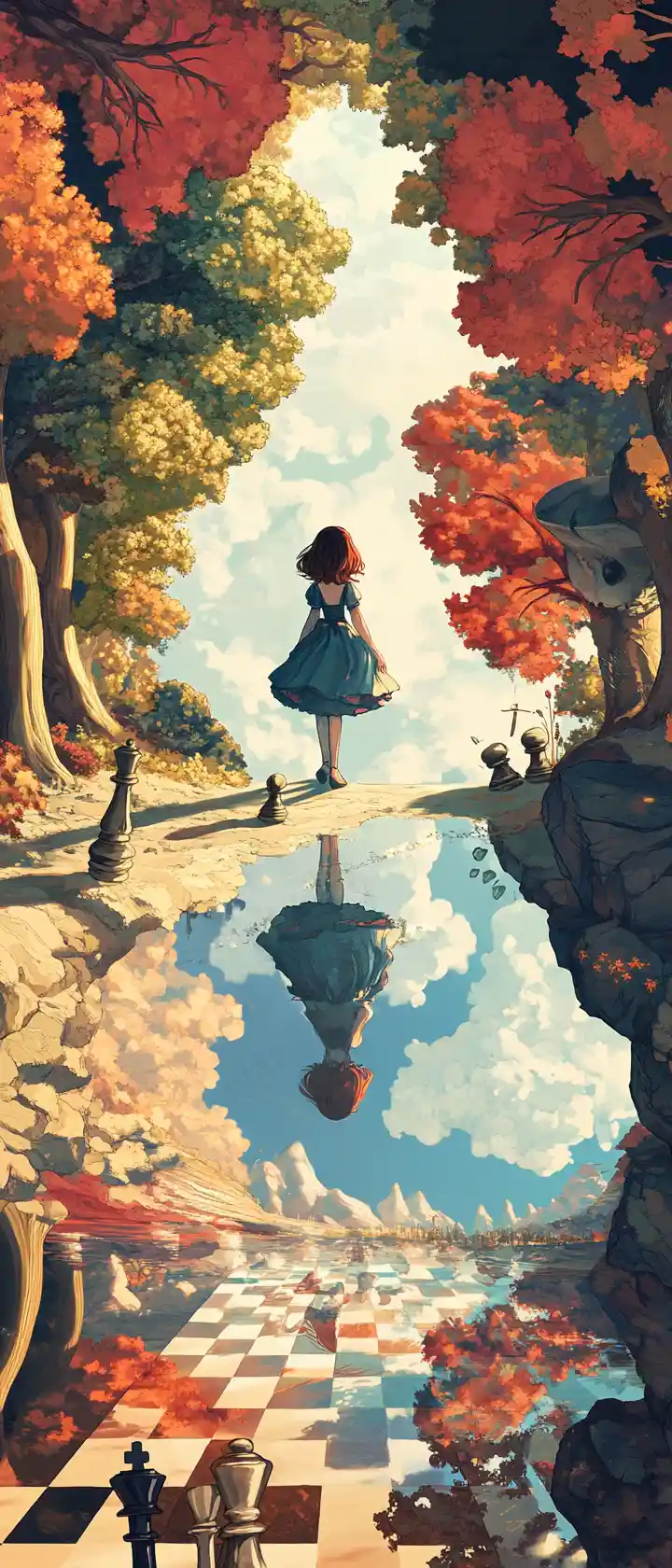 Girl Stepping Through A Giant Mirror Into Reversed World