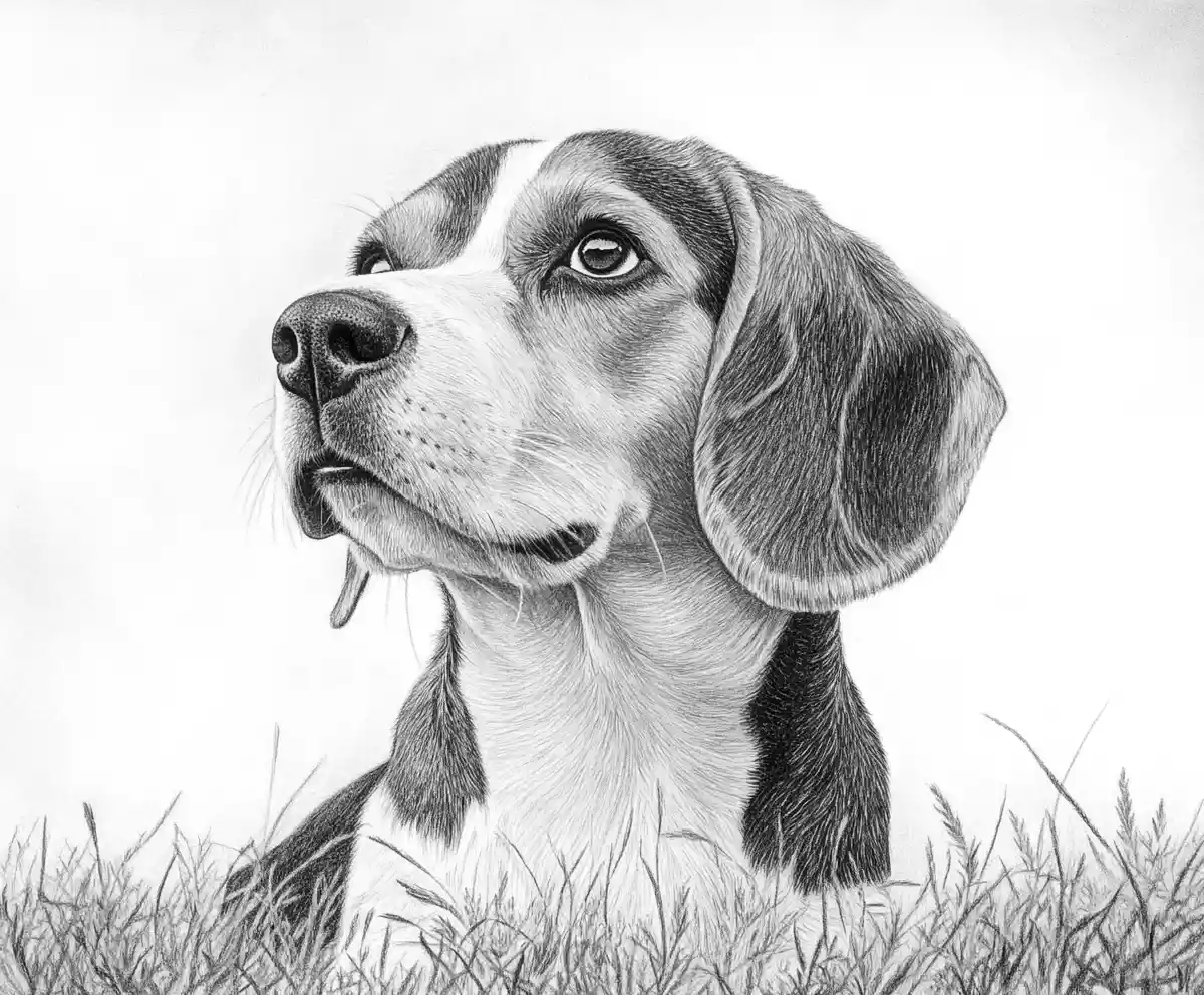 芝生の上にいるビーグル犬のリアルな鉛筆画