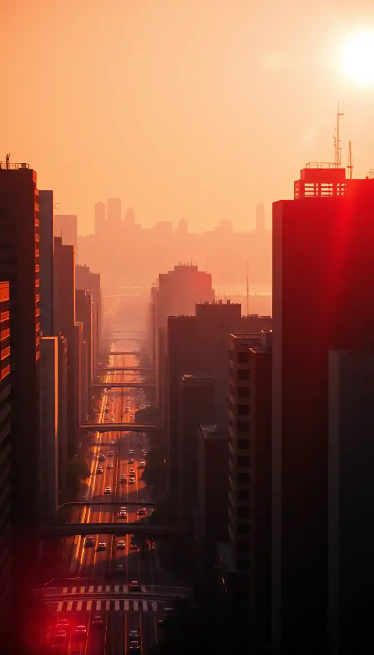 Haunting cityscape with intense flared light and visual distortion