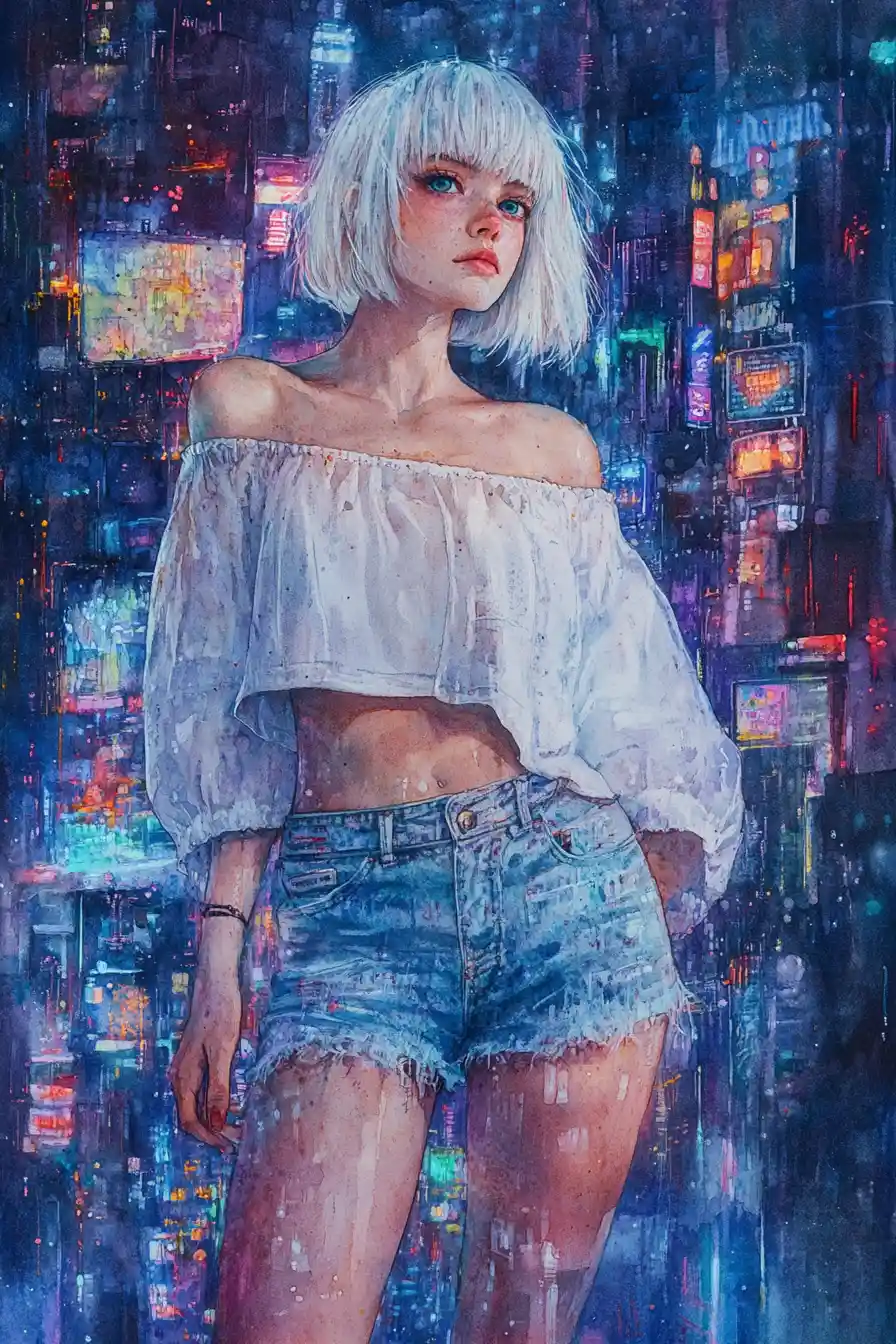 Cyberpunk woman in neon city watercolor portrait