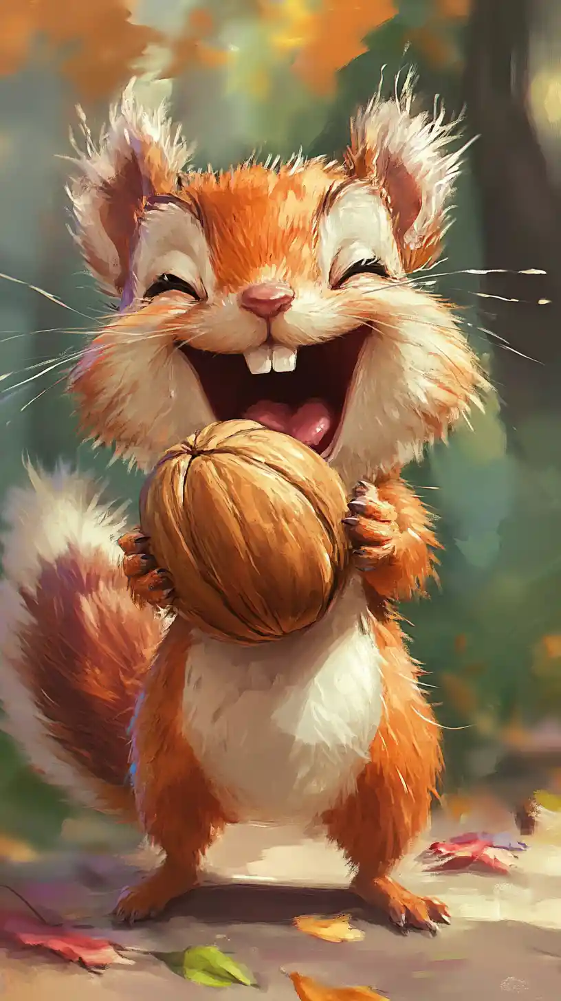 Playful cartoon squirrel with hazelnut in cozy forest