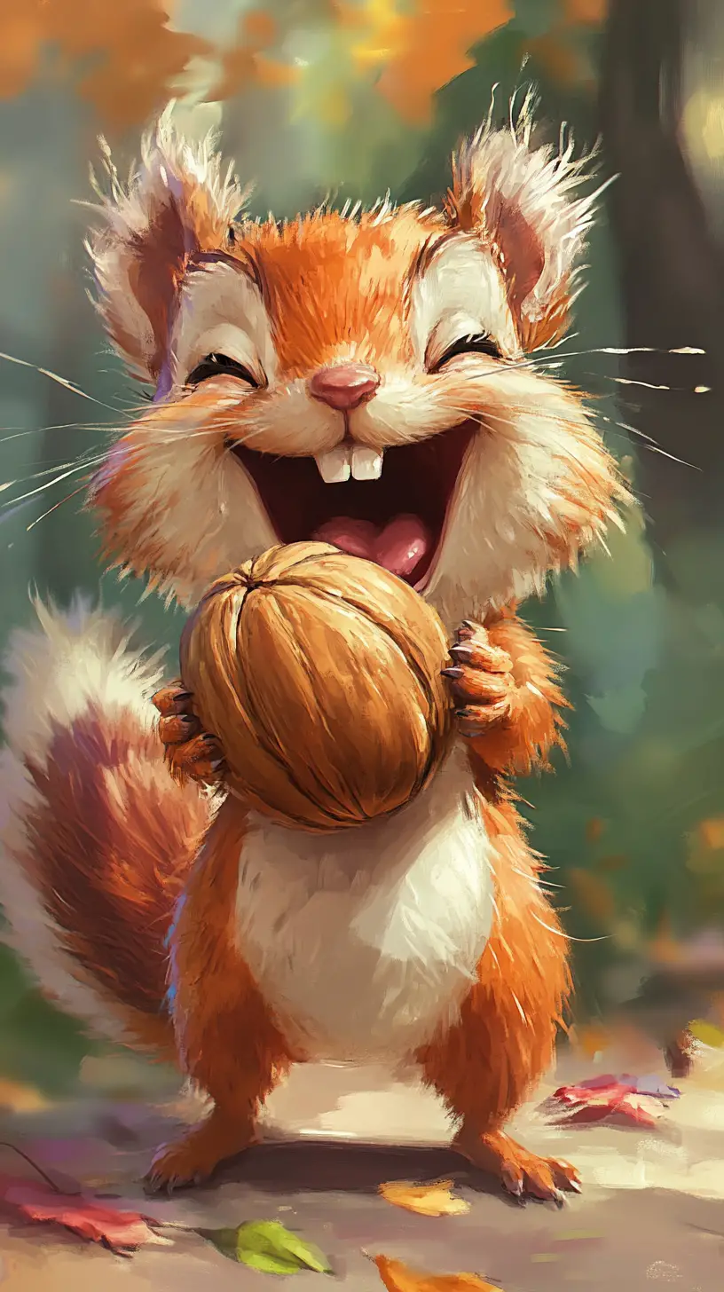 Playful cartoon squirrel with hazelnut in cozy forest