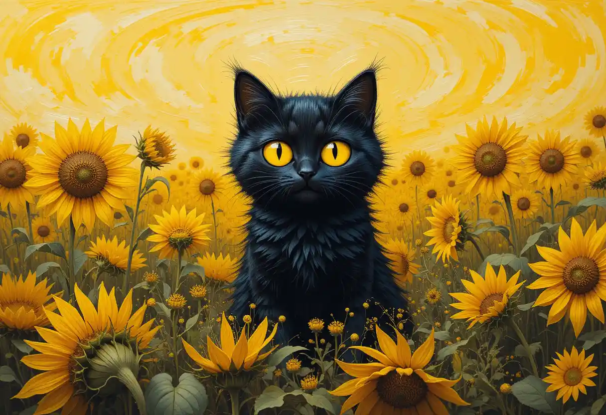 Black kitten hidden in bright sunflower field painting