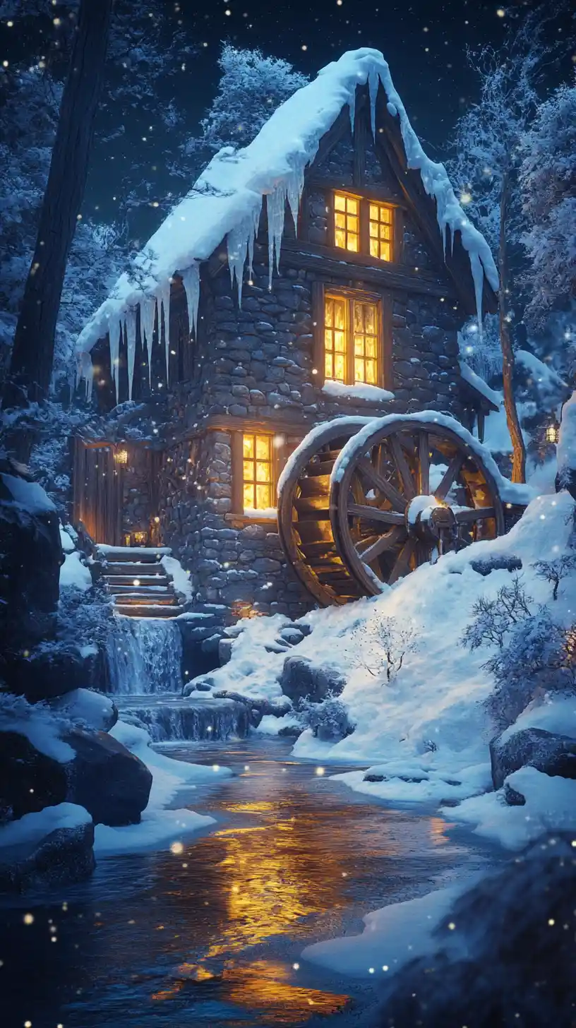 Enchanted winter watermill beside a moonlit icy stream