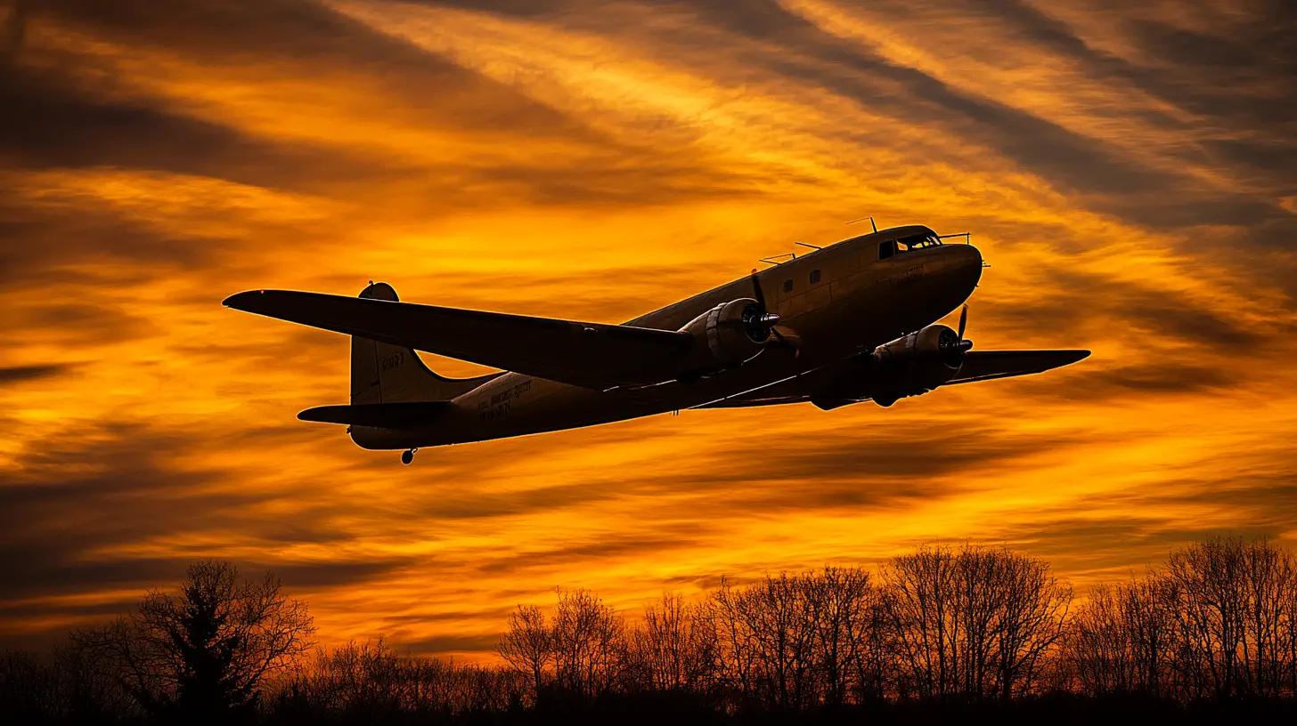 Vintage airplane rising against a glowing sunset sky