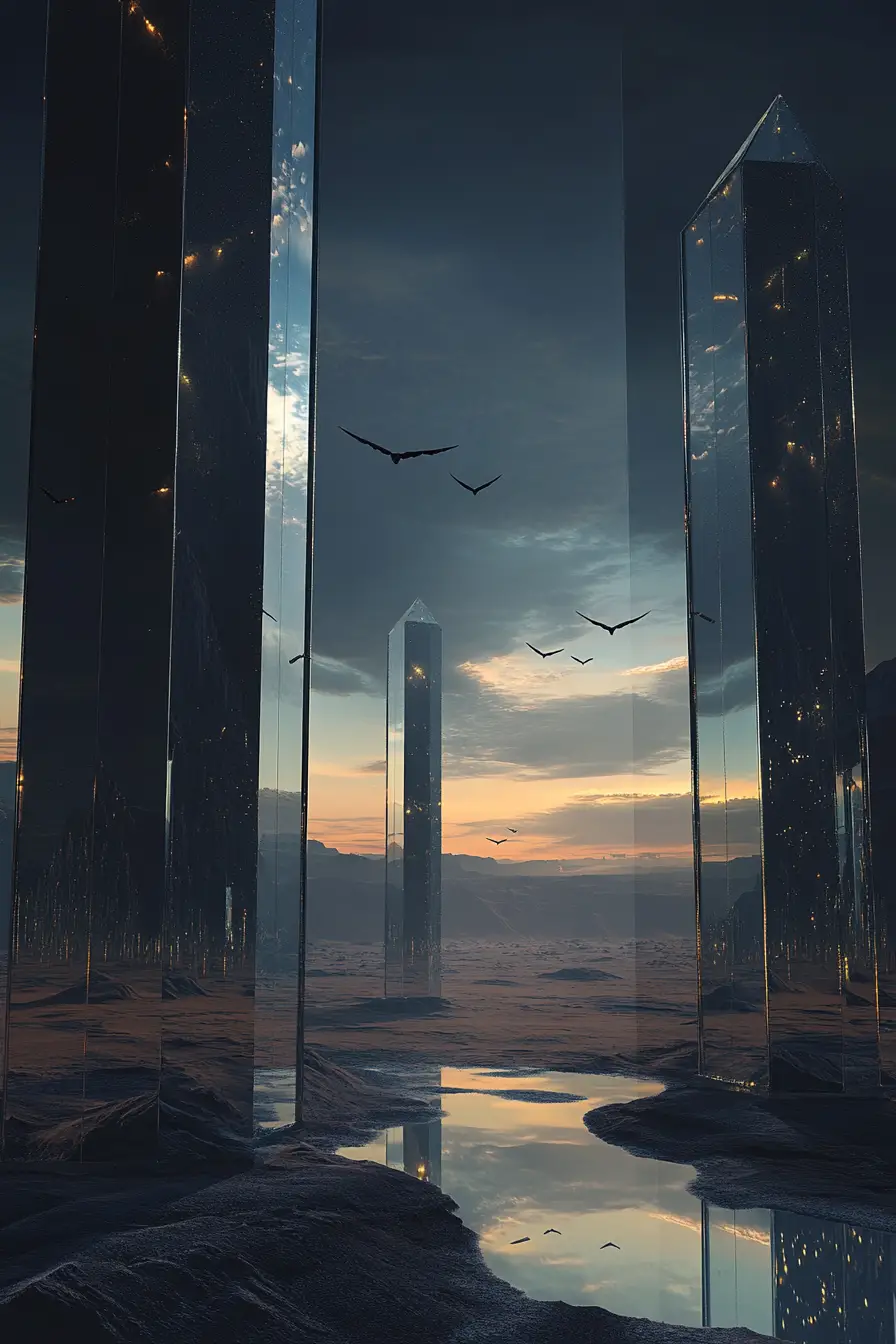 Futuristic mirrored structure rising in a vast digital desert