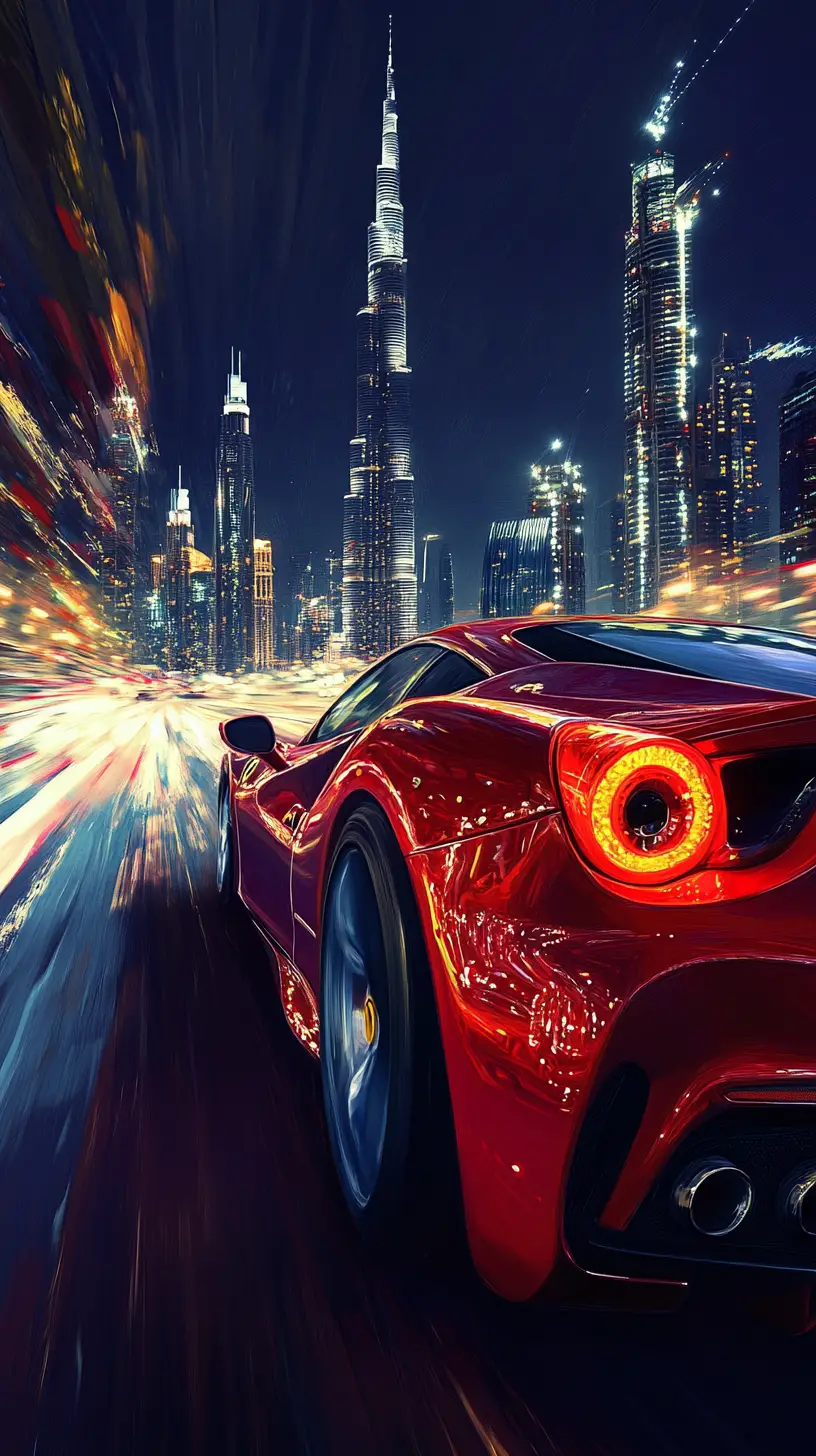 Red luxury sports car driving through night Dubai skyline