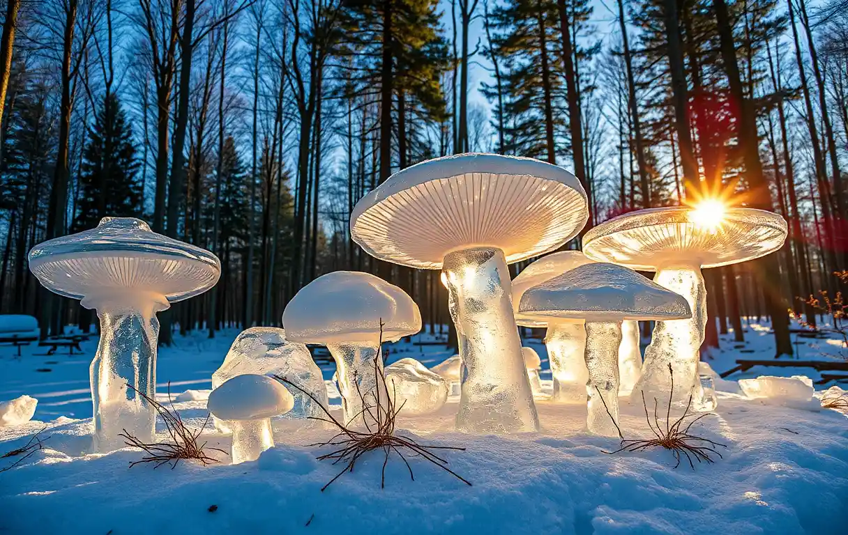 Ice mushroom sculptures sparkling in a sunlit forest