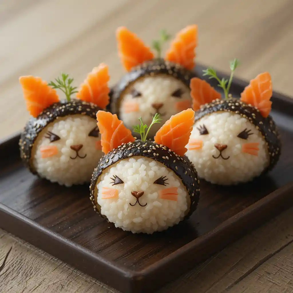 Cute animal rice balls on a dark wooden tray