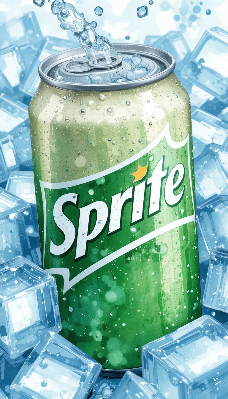 Cold sprite soda can with ice cubes and condensation