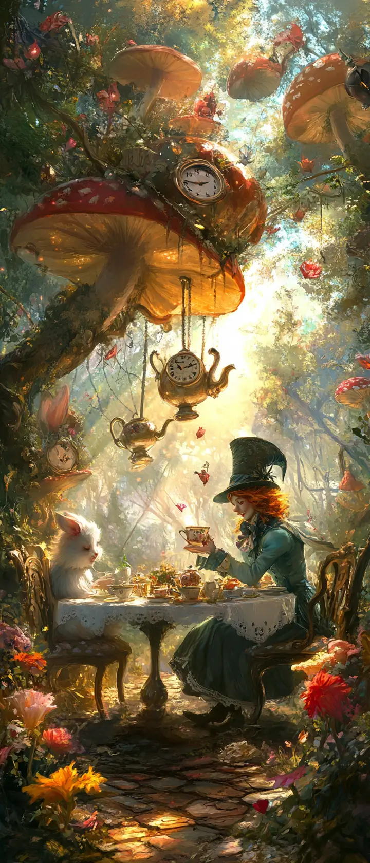 Whimsical tea party beneath giant mushrooms and flowers