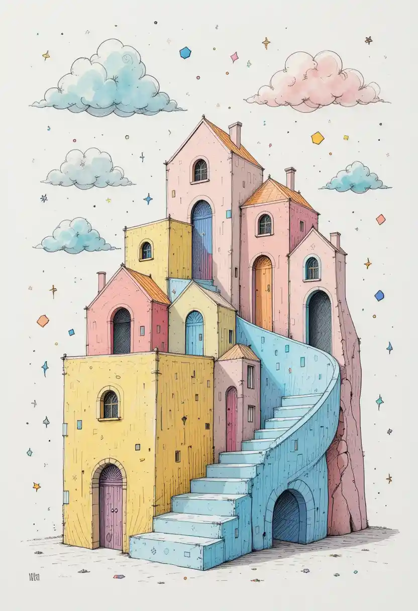 Allée surréaliste pastel entre maisons géométriques fantaisistes