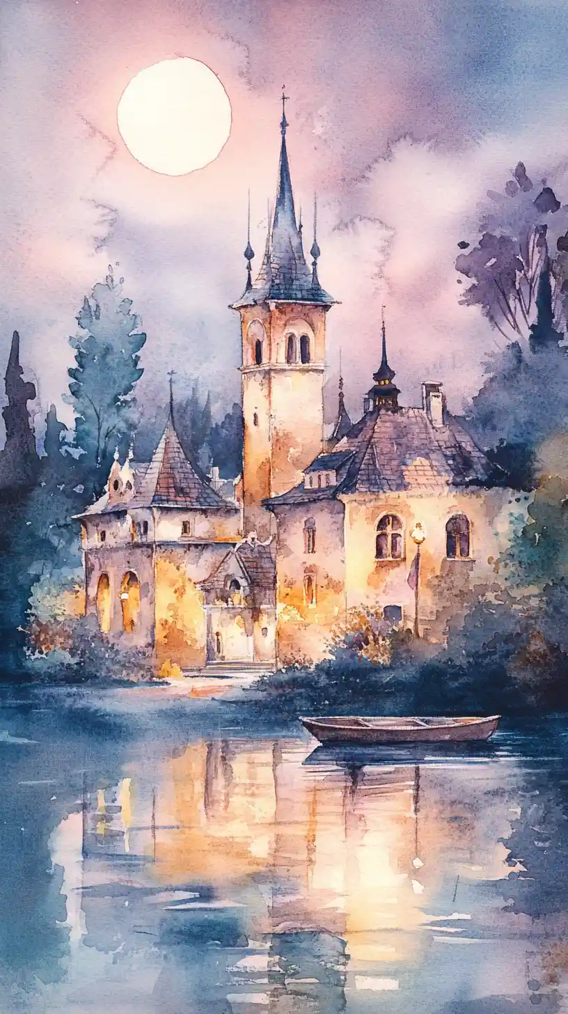 Watercolor night village by a calm lake with moonlit reflections