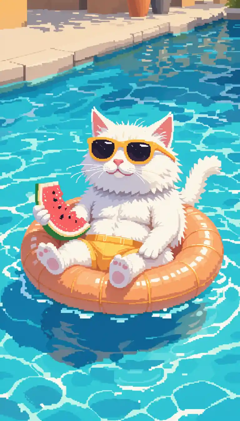 Adorable chat blanc en pixel art flottant dans une piscine ensoleillée