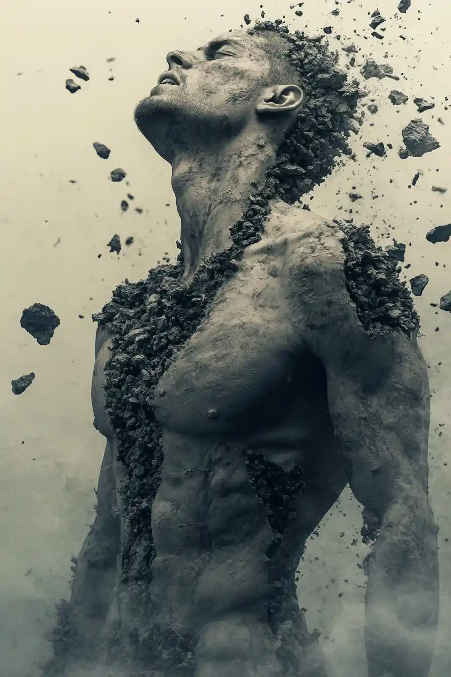 Ashen muscular man dissolving into dust and debris