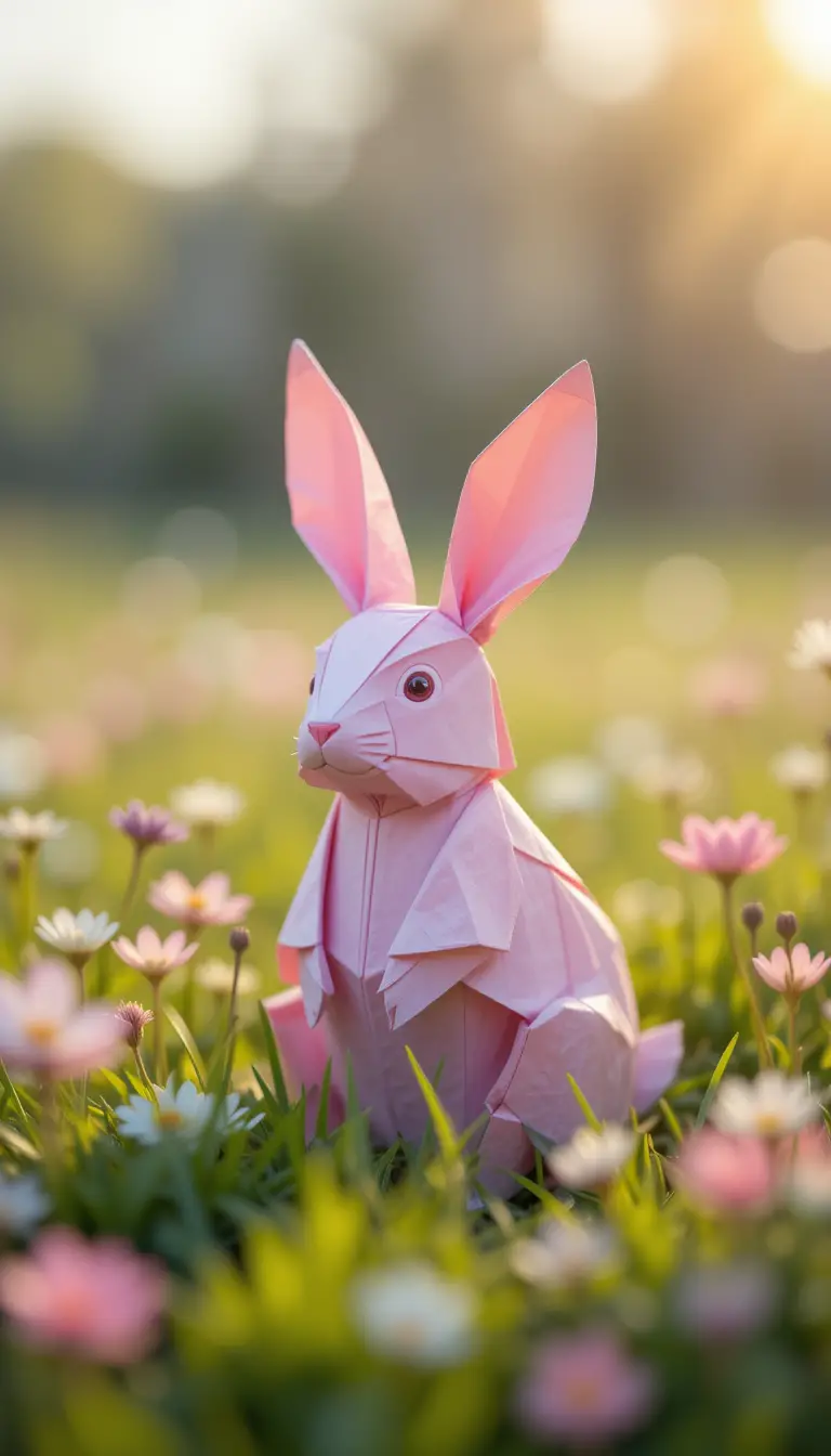 Pastel origami rabbit in a spring flower meadow