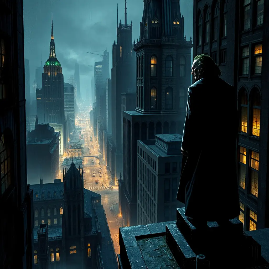 Lone figure overlooking a dark rainy city skyline