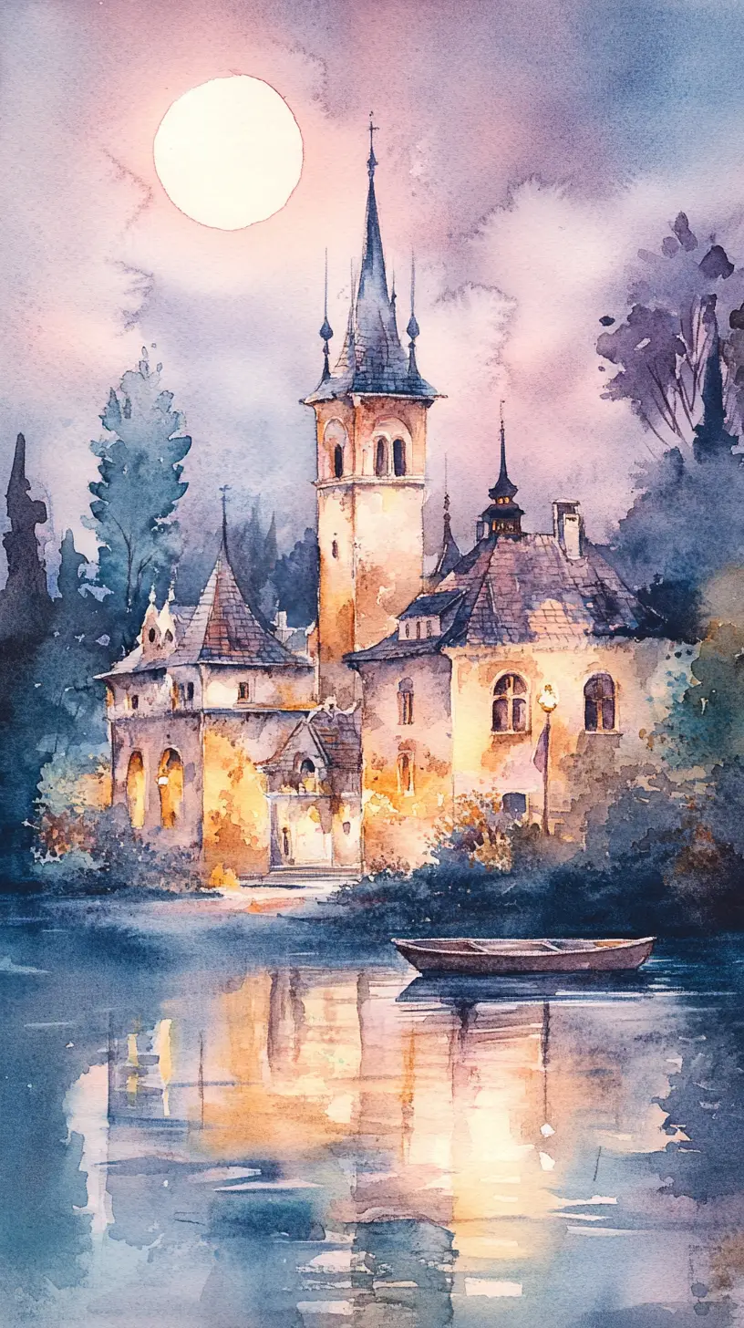 Watercolor night village by a calm lake with moonlit reflections