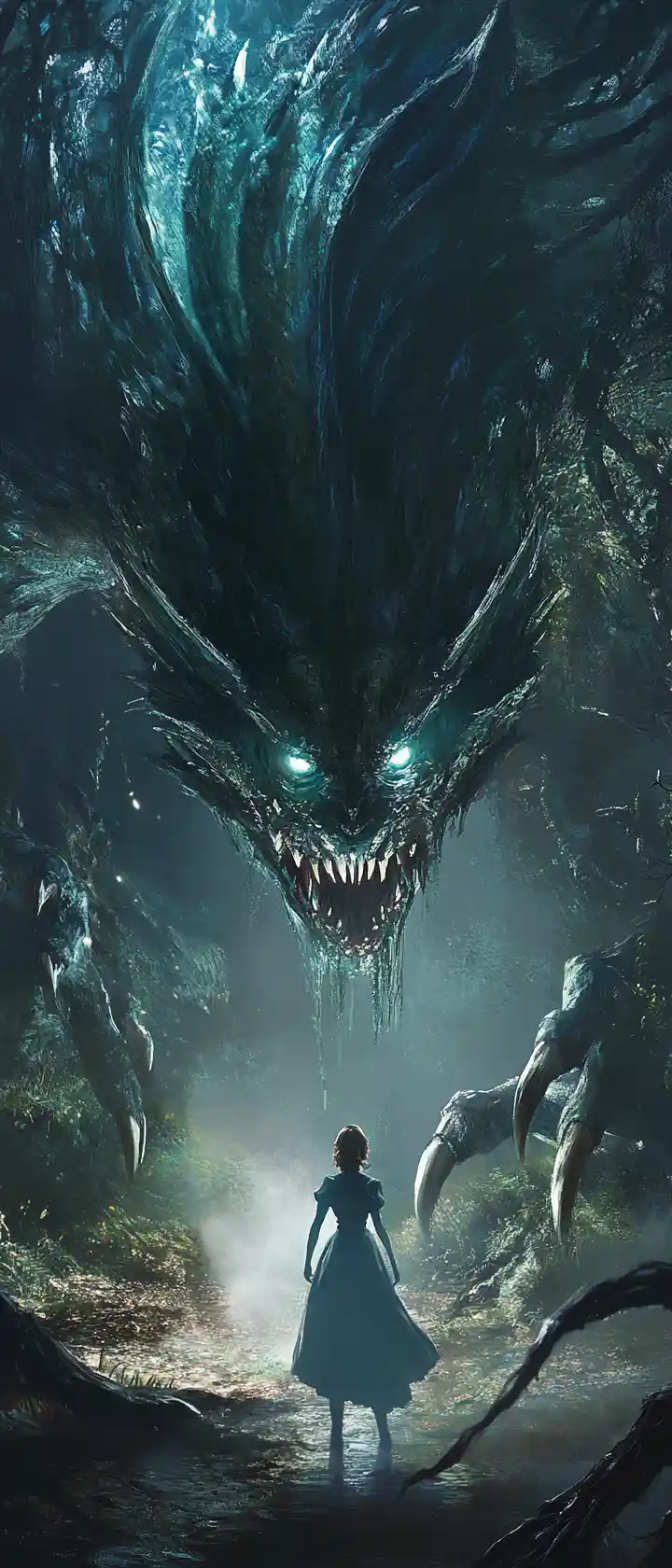 Alice affronta un drago gigantesco in una foresta oscura